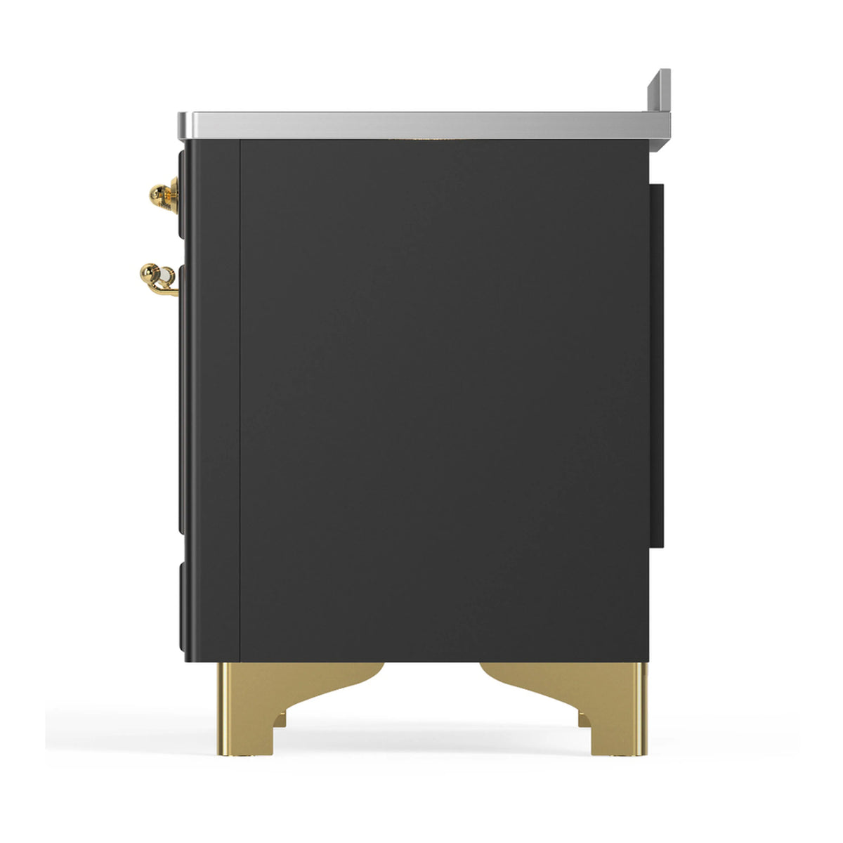 Matte graphite oven range back-side panel with brass trim feet and handle detail.