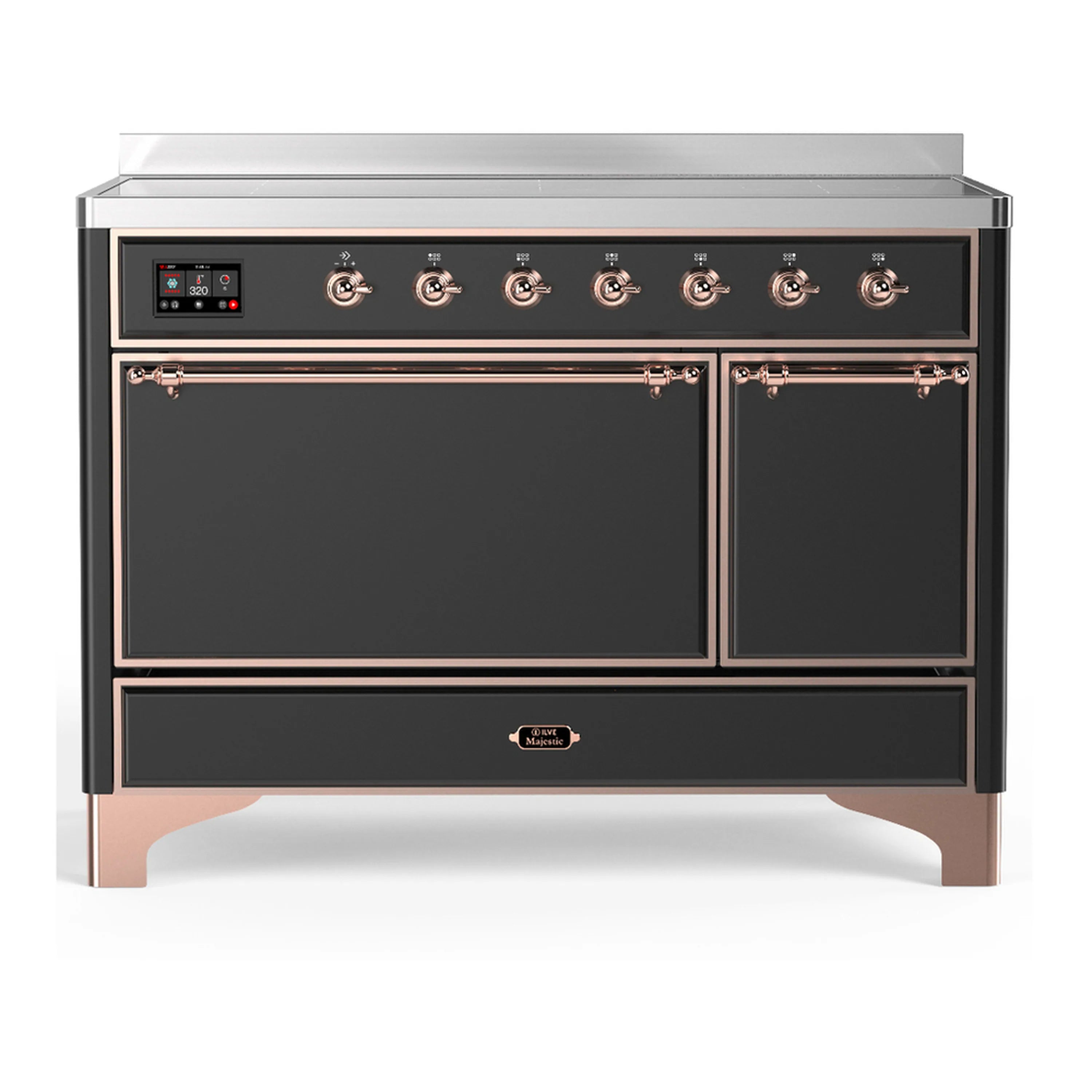 Induction range with matte graphite oven doors and copper-trim control knobs and panel.