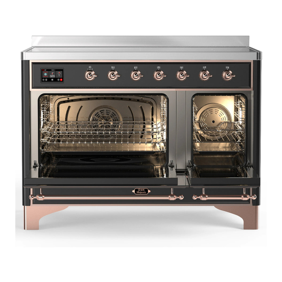 Induction range with open ovens showing racks and interior fan, matte graphite with copper trim.