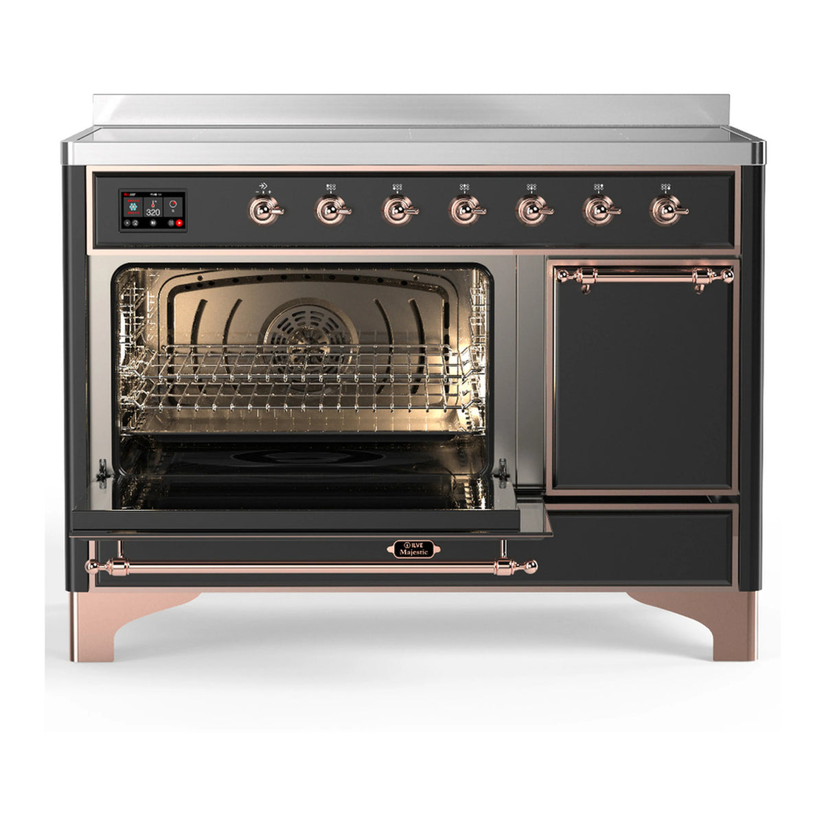 Induction range with left oven open and right door closed, matte graphite and copper accents.