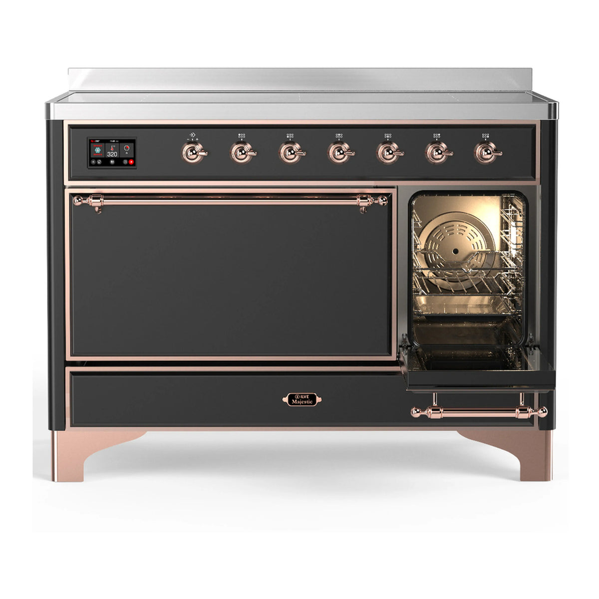 Induction range with right oven door open, showing interior fan and racks; matte graphite.