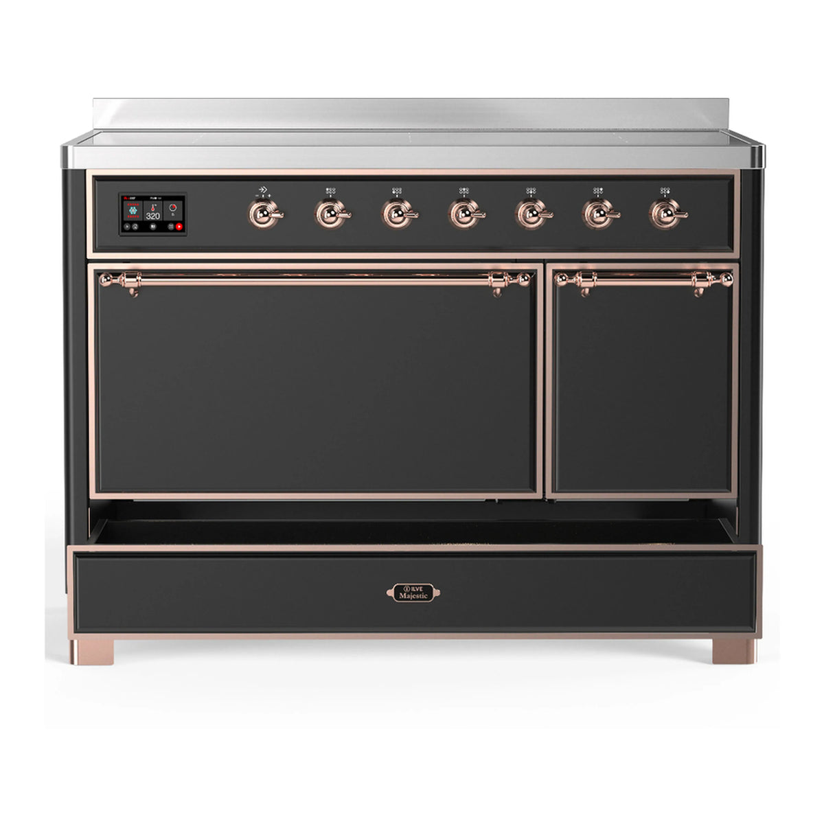 Induction range front view with dual oven doors and top control panel, matte graphite and copper trim.