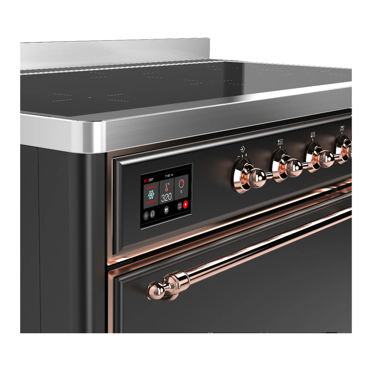 Induction range close-up of control display and copper-trim oven handle on matte graphite front.