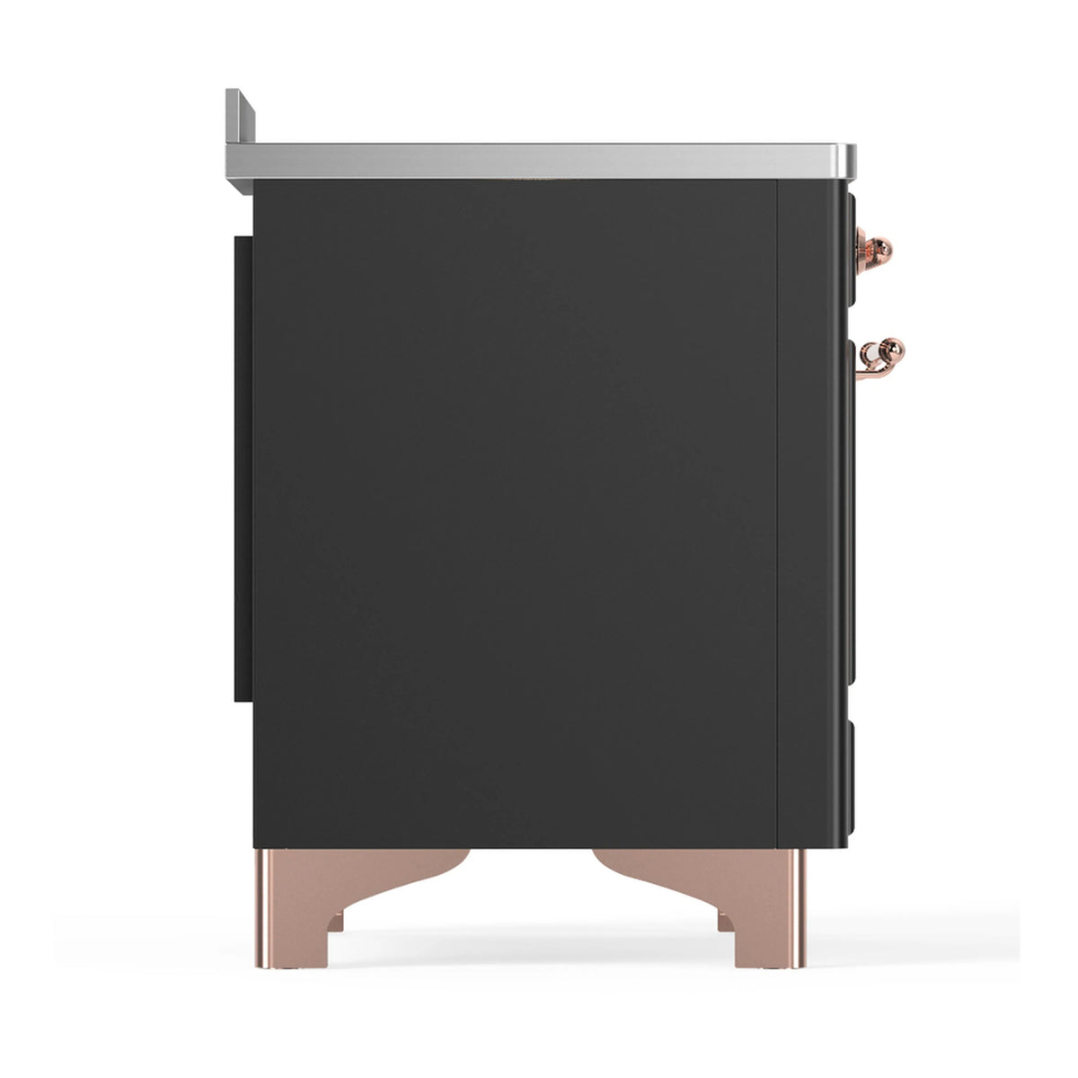 Induction range side view with matte graphite cabinet and copper-colored trim feet.