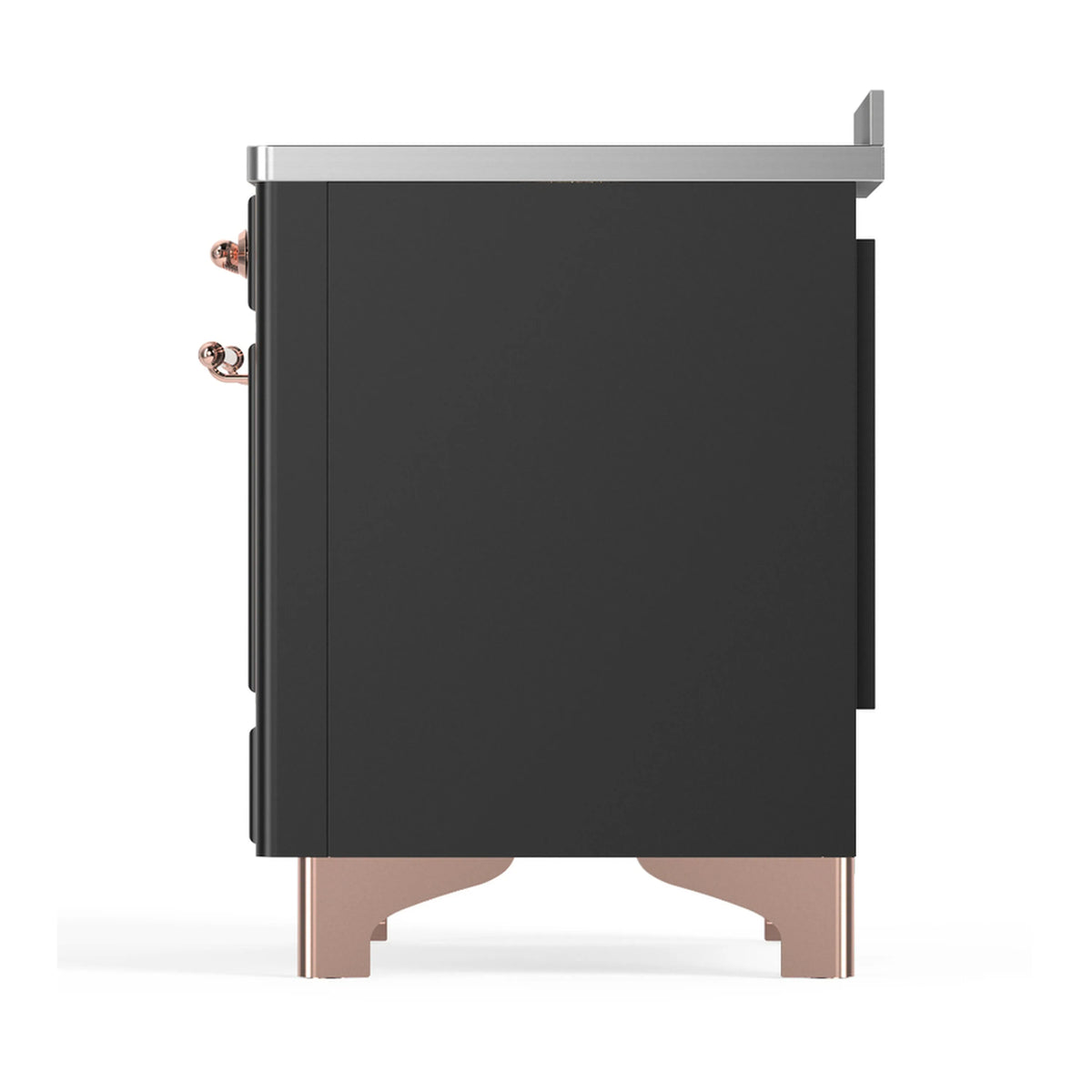 Induction range back/side view with matte graphite housing and copper-colored trim supports.
