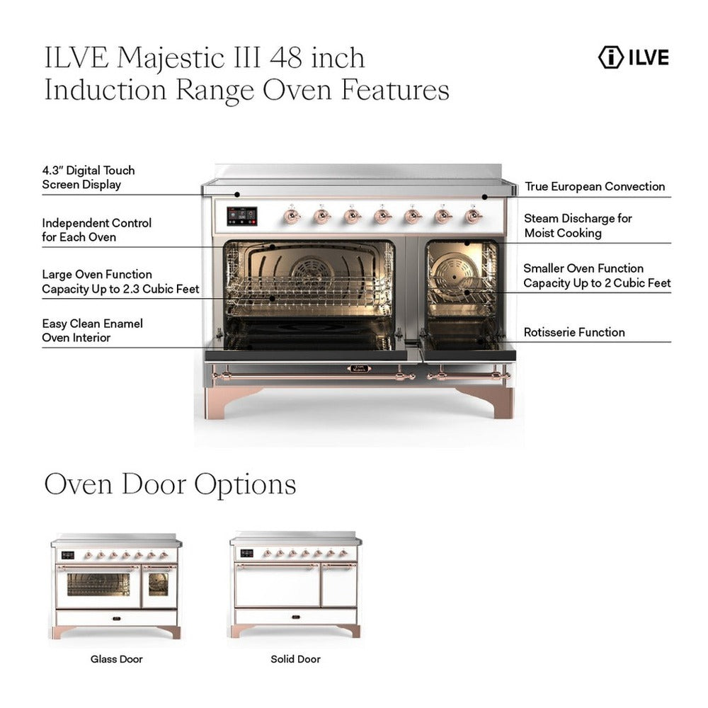 Mint induction range oven features with two open compartments and chrome oven trim.