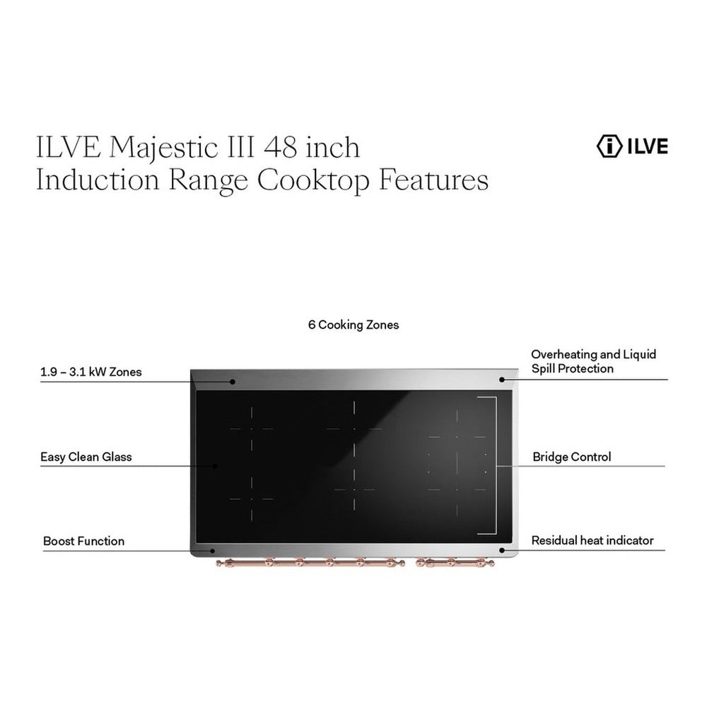 Induction cooktop with six zones and easy-clean glass surface with bridge and boost features