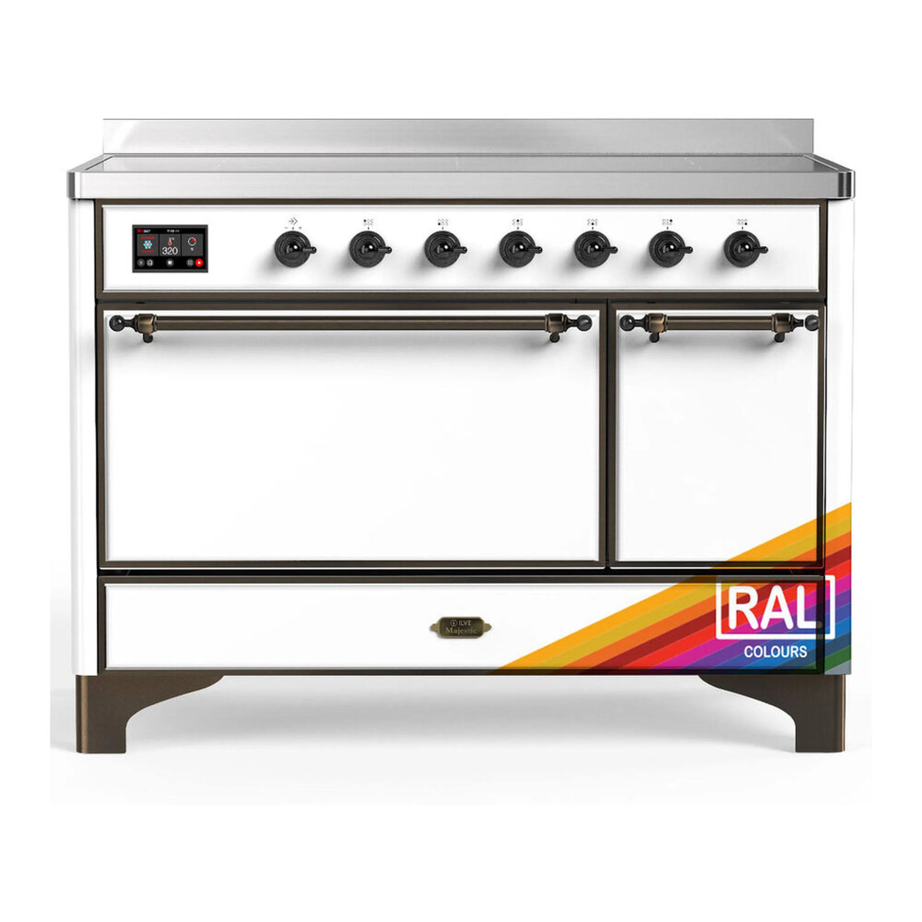 White induction range with black control panel, knob burners, and solid oven door.