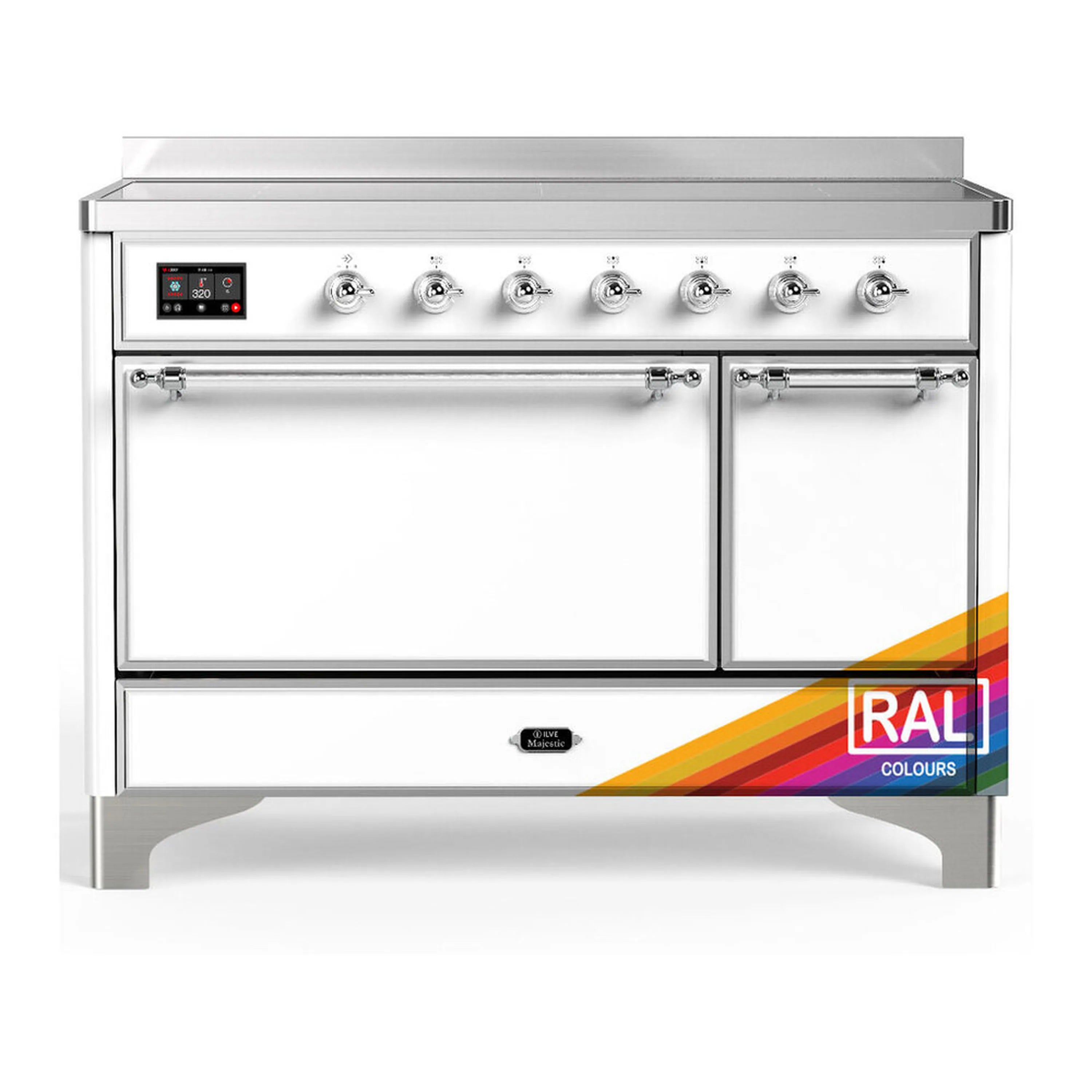 Chrome-trimmed induction range with two solid oven doors and control panel.