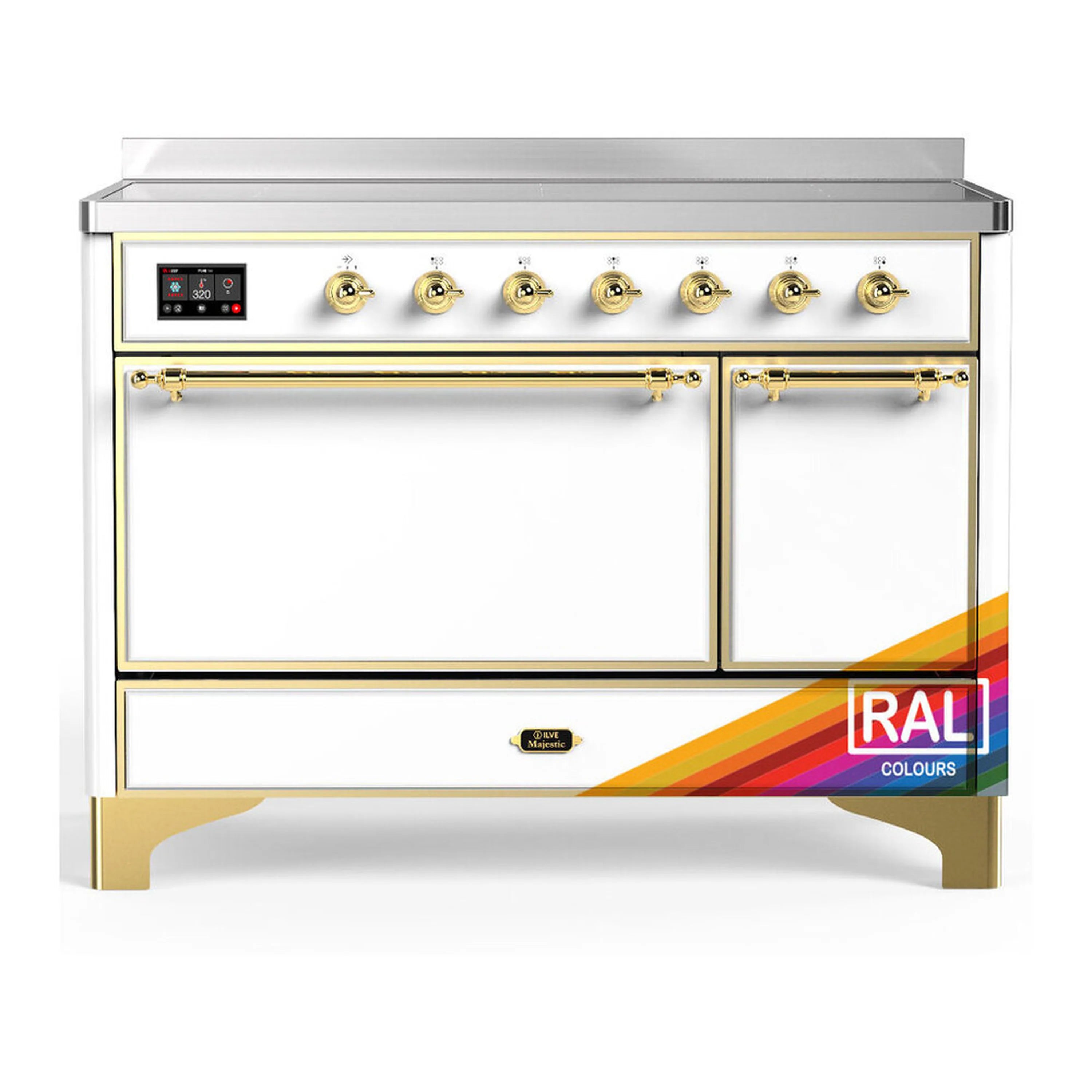48-inch induction range with brass trim, control panel and solid electric oven door.