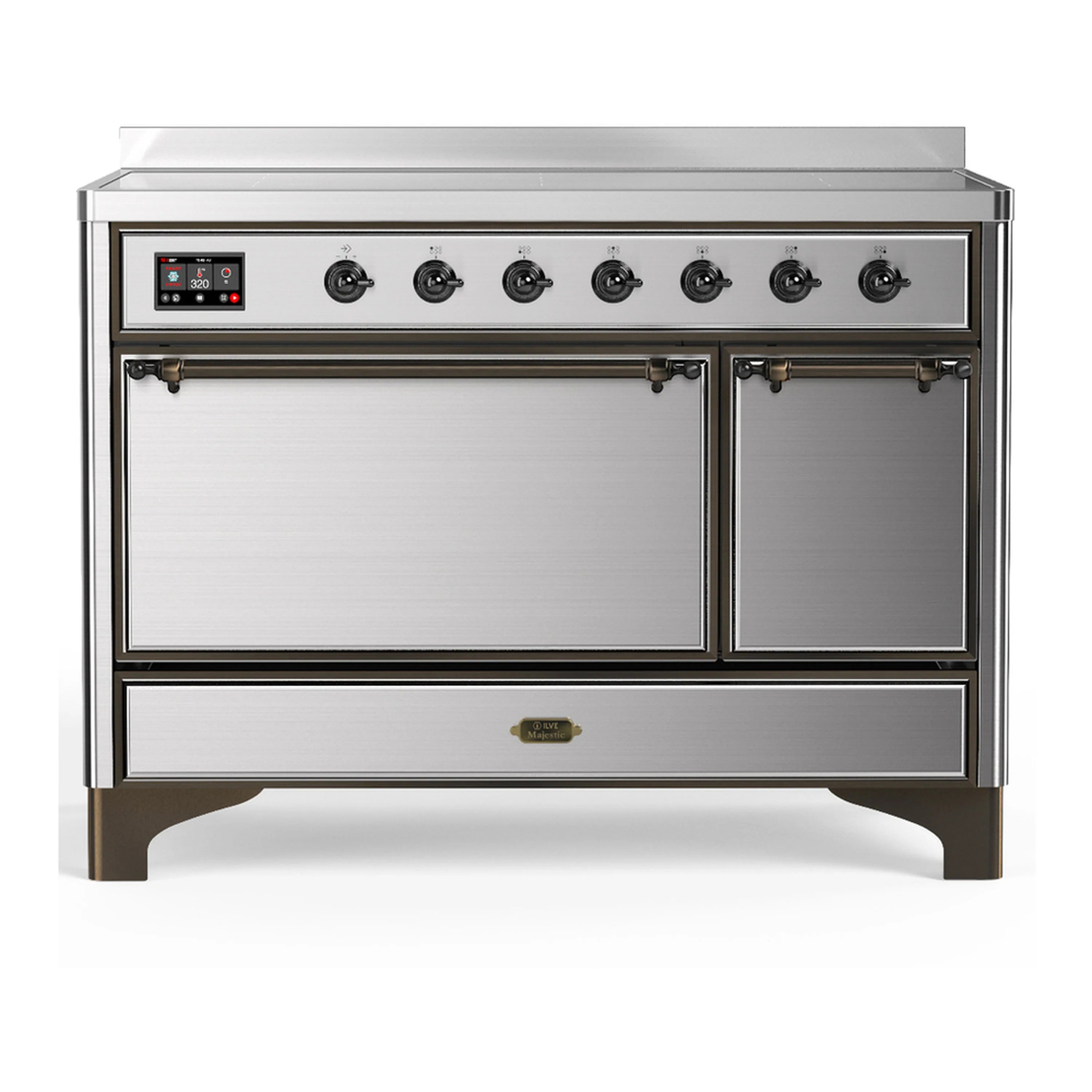 Stainless steel induction range with two oven doors and control knobs on front panel