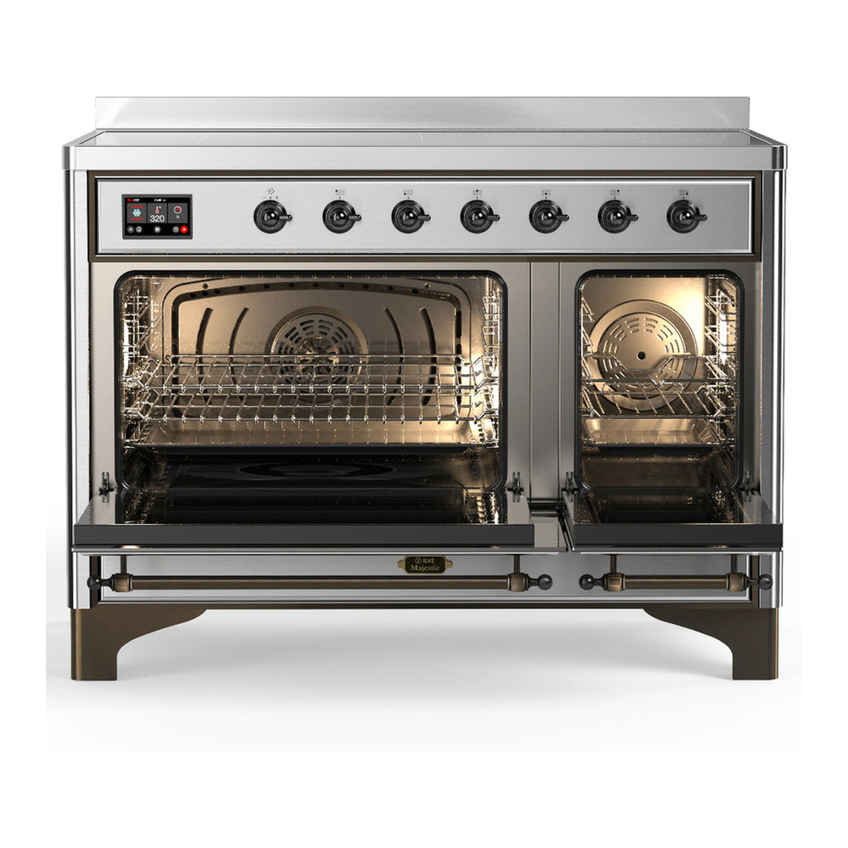 Stainless steel induction range with open double ovens showing racks and baking interior