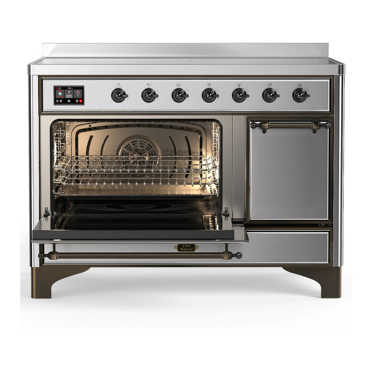 Stainless steel induction range with one oven door open; interior racks and tray visible