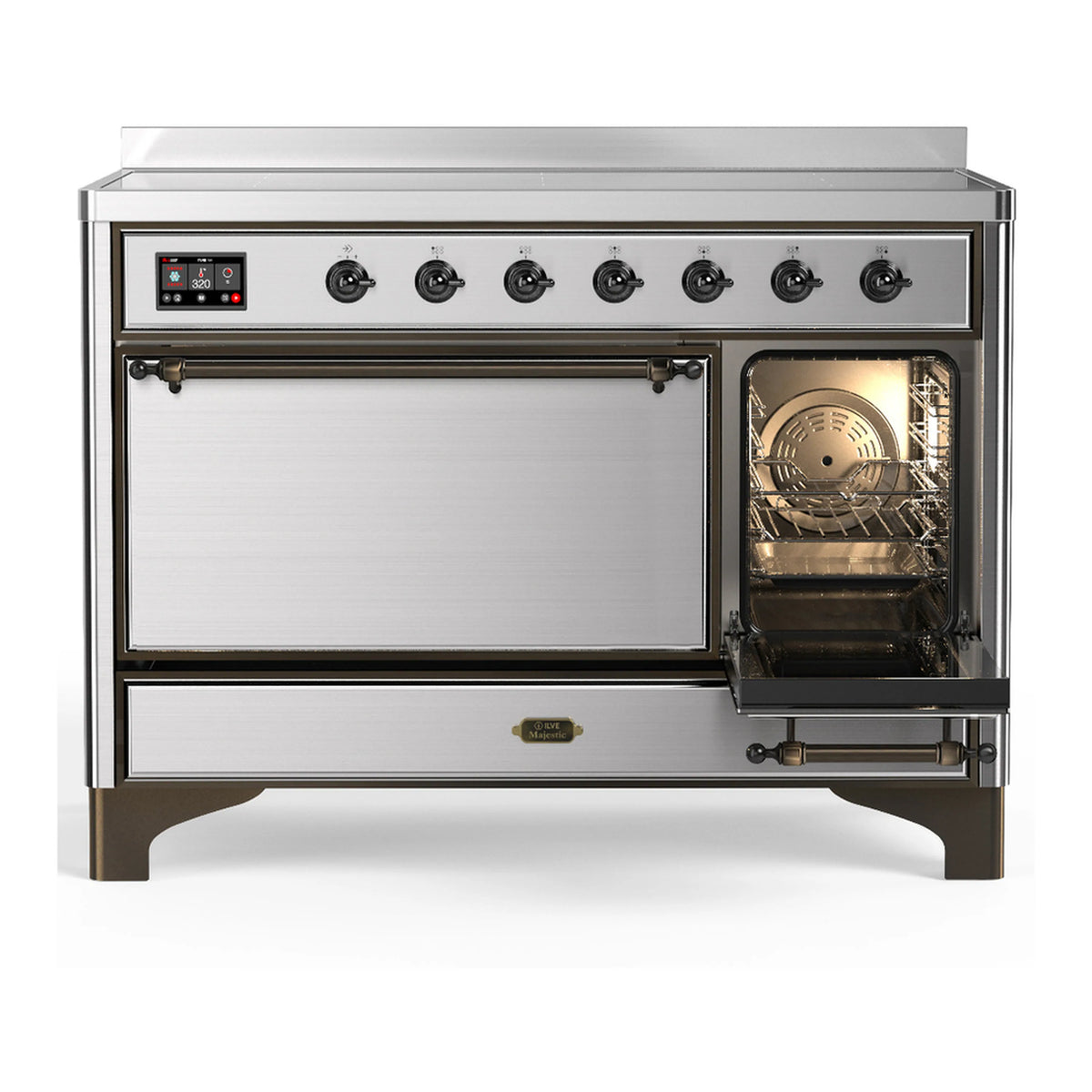 Stainless steel induction range with closed left oven door and open right oven door