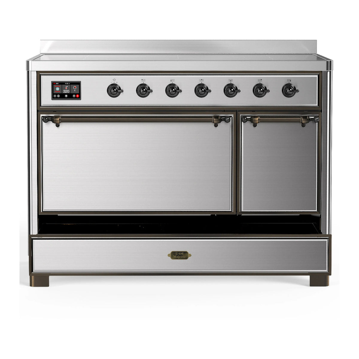 Stainless steel induction range front view with two closed oven doors and knob controls