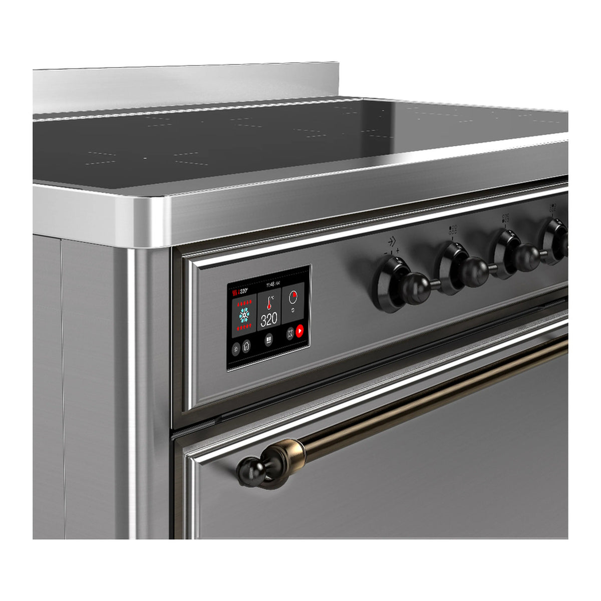 Stainless steel induction range control panel with digital display and row of black knobs