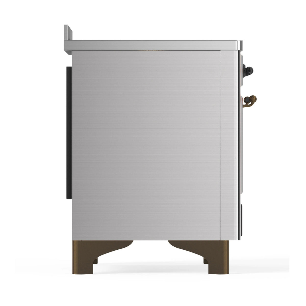 Stainless steel induction range side view showing oven body and dark side control section