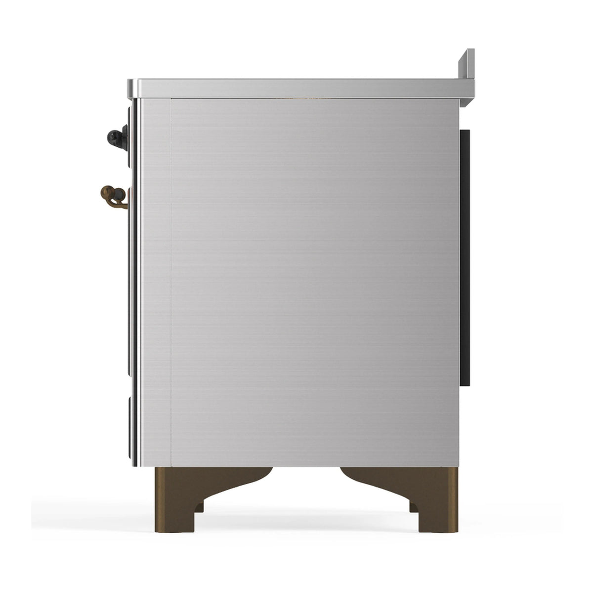 Stainless steel induction range rear/side corner view with oven body and side fittings