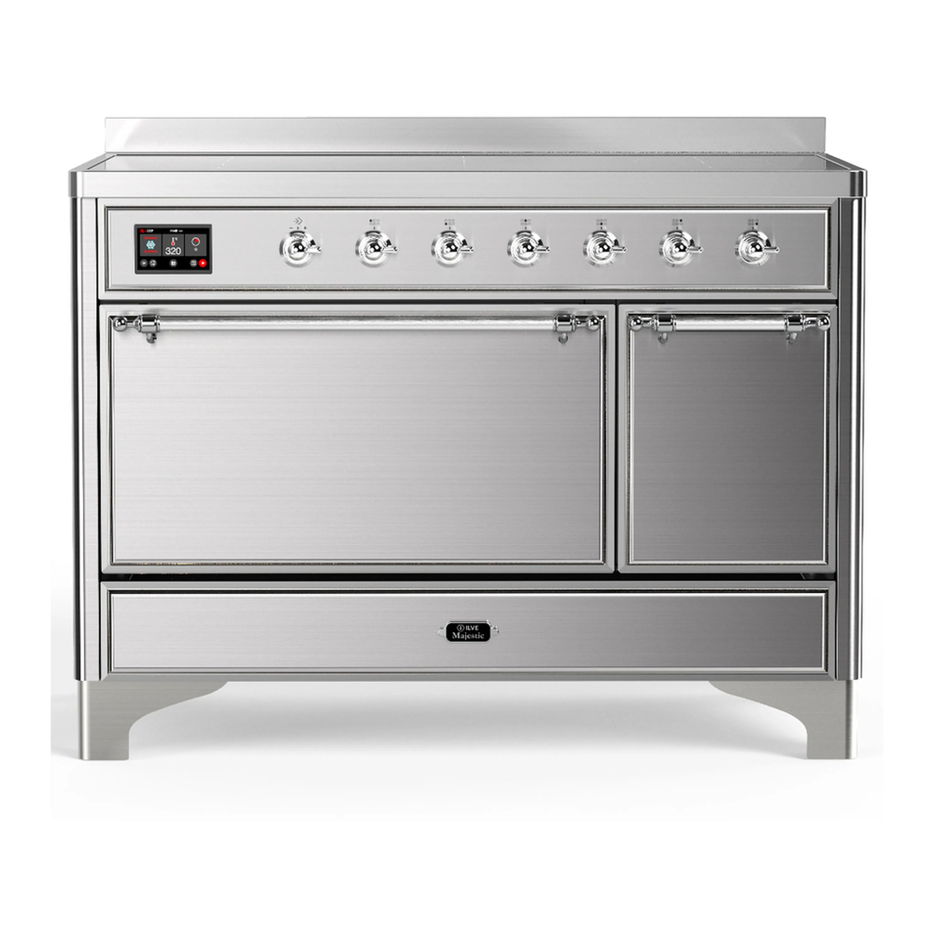 Stainless steel induction range with two oven doors, control panel, and chrome-trim knobs