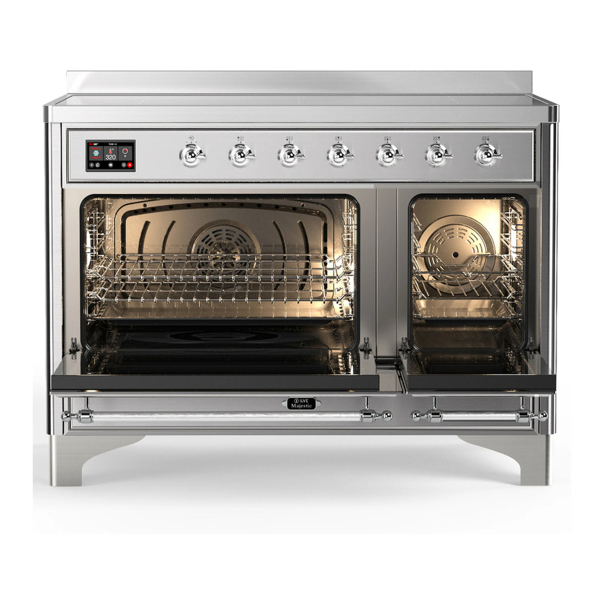 Stainless steel induction range with both oven compartments open, racks inside, chrome hinges
