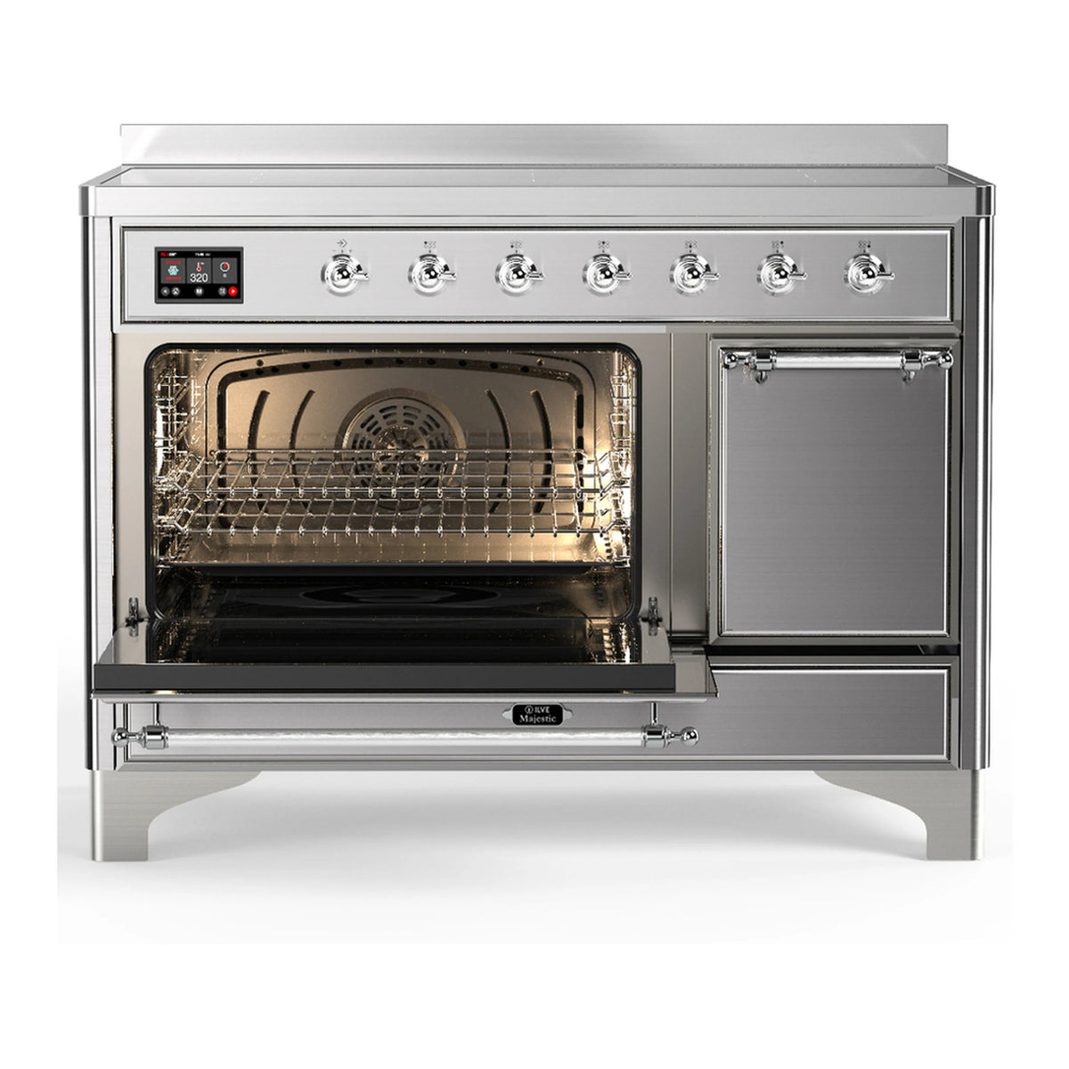 Stainless steel induction range with oven compartment open and interior racks, chrome door trim