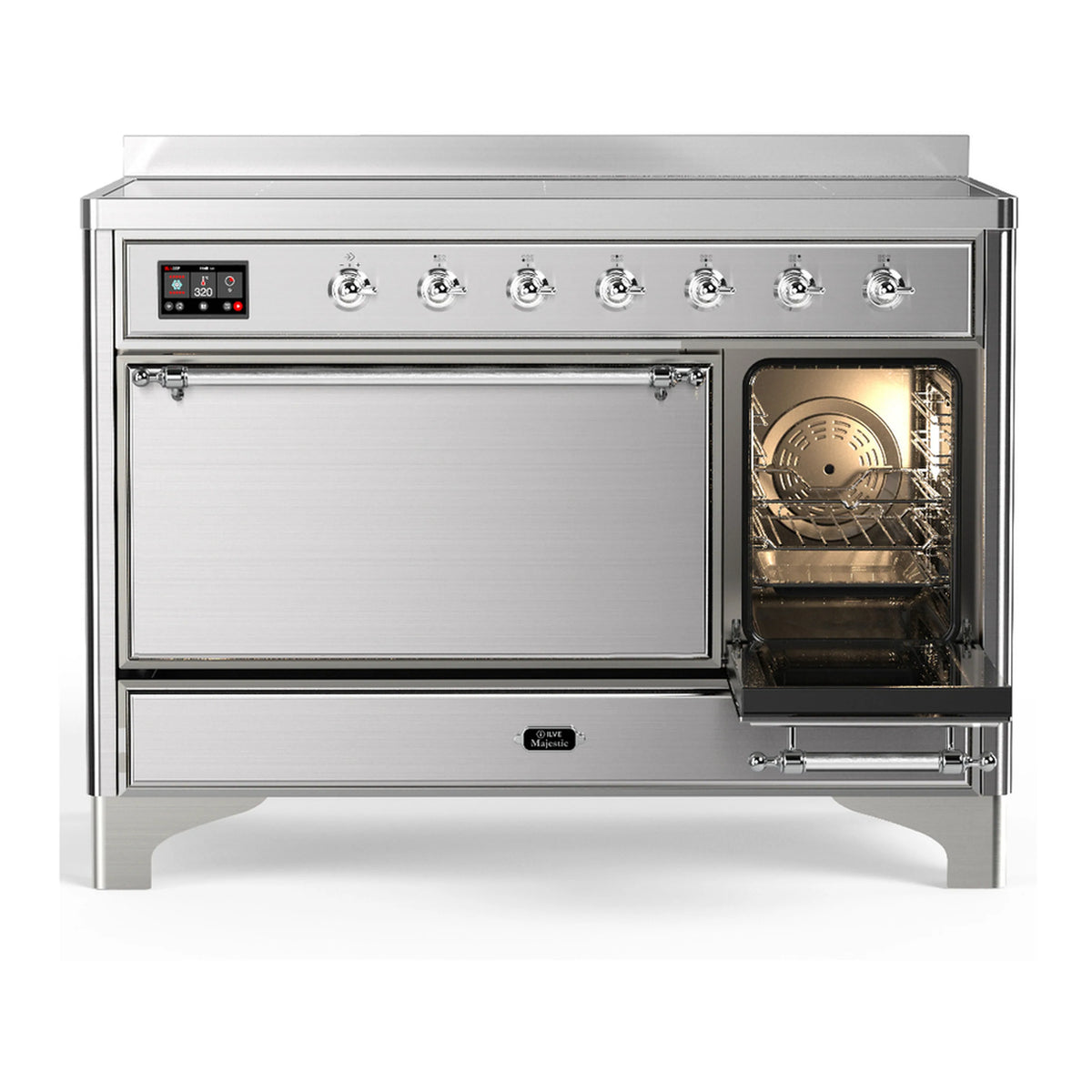 Stainless steel induction range with left oven door closed and right oven compartment open