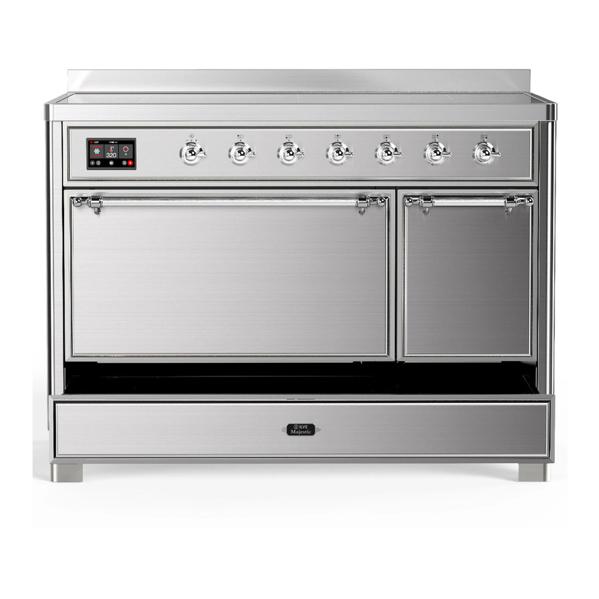 Stainless steel induction range with oven doors closed and lower drawer compartment open
