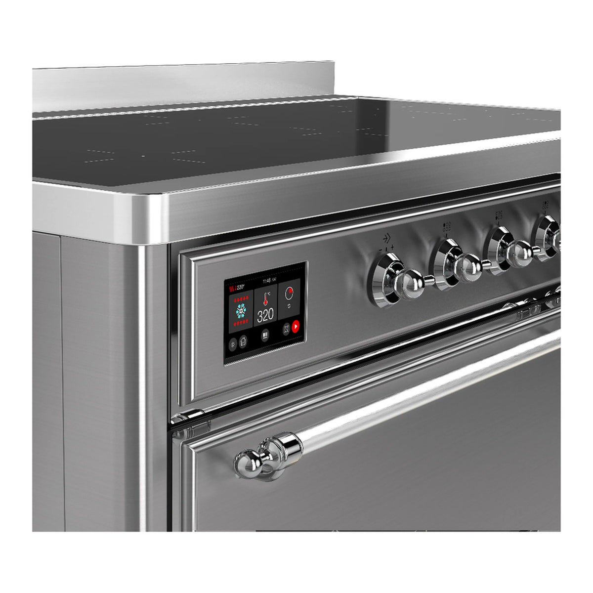 Induction range control panel with digital display and six metal control knobs