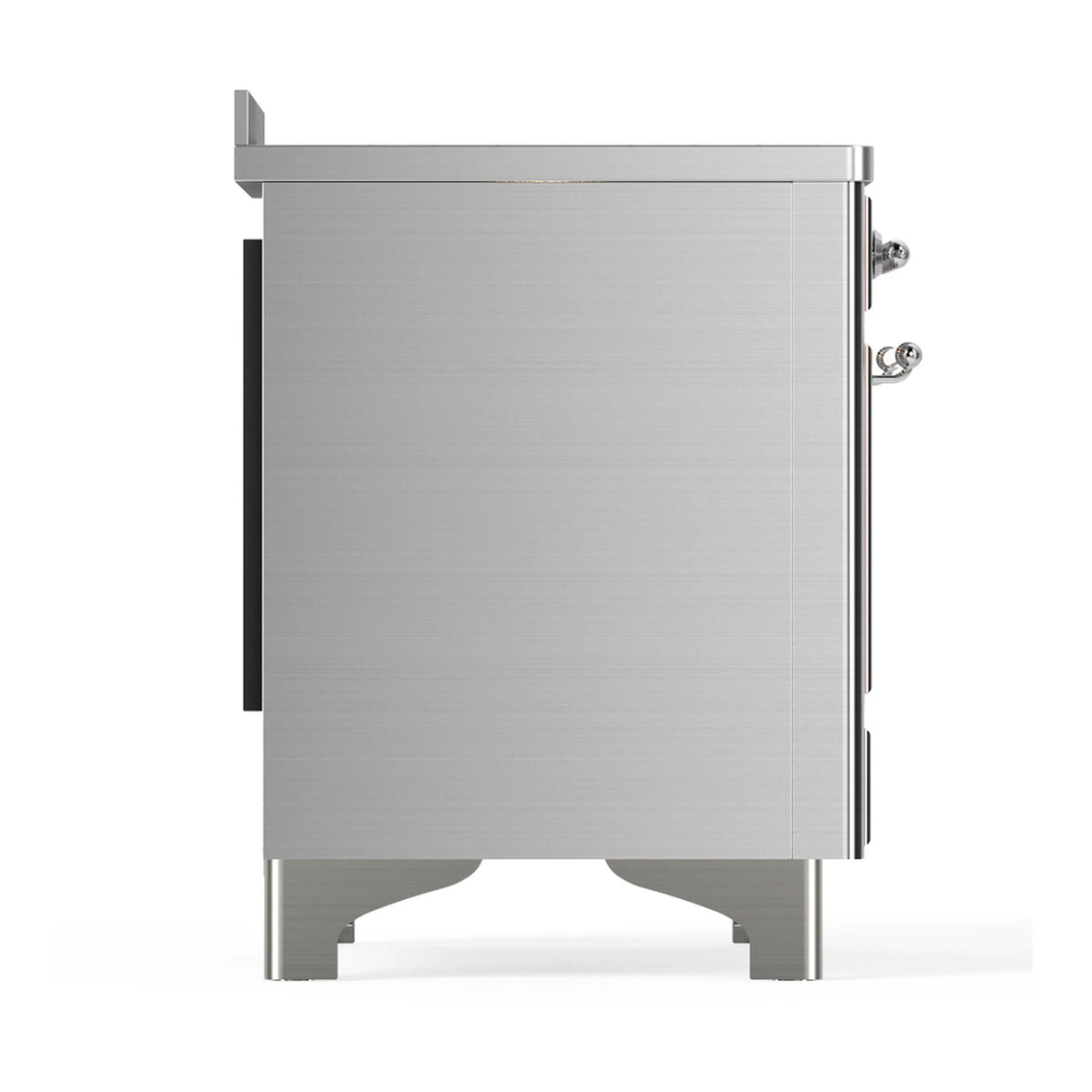 Stainless steel induction range side panel with hinge hardware and chrome corner details