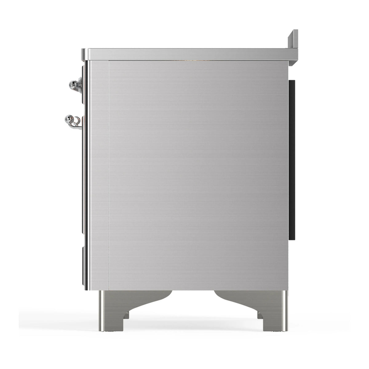 Stainless steel induction range opposite side panel with hinge hardware and corner details