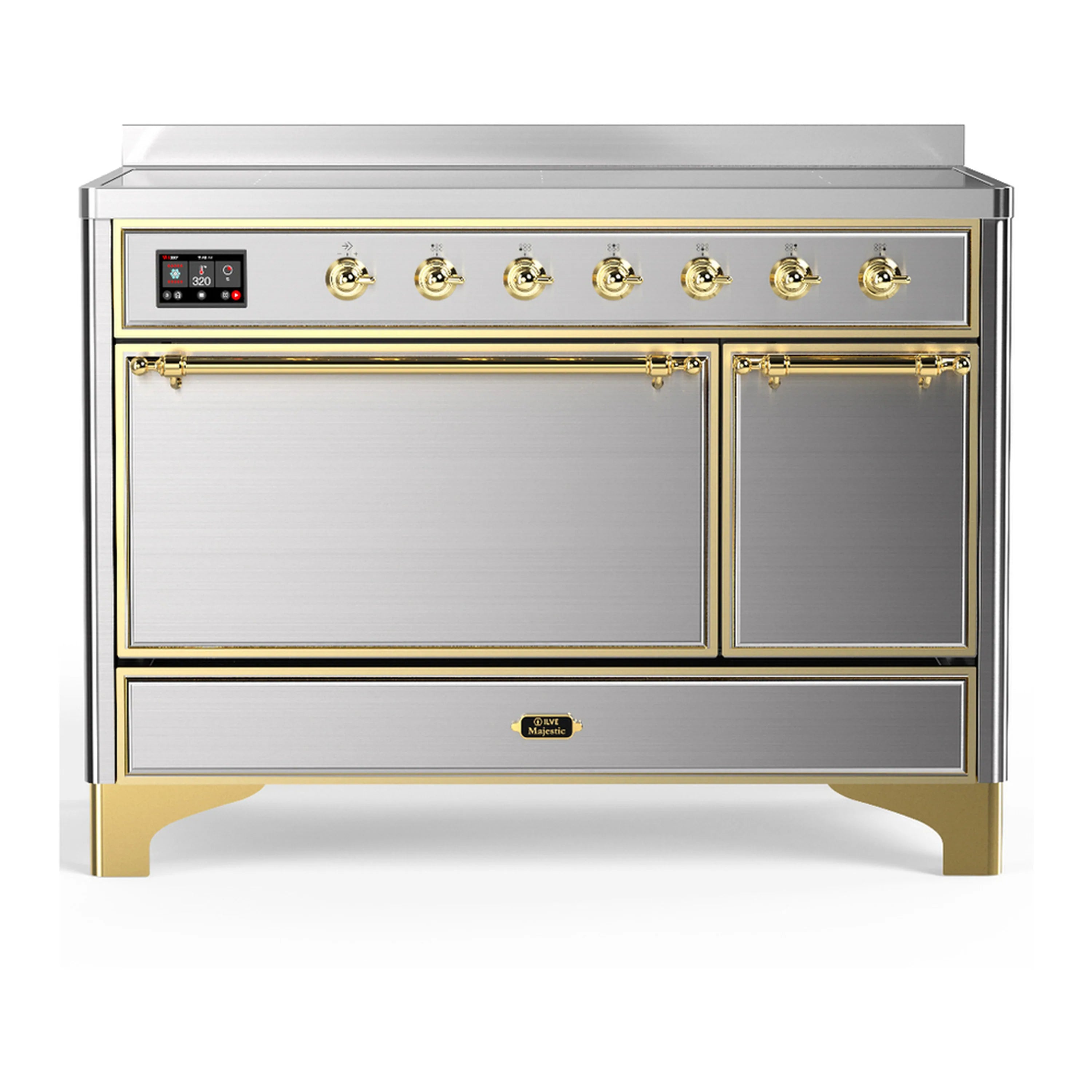 Stainless steel induction range with brass trim, front doors and burner controls