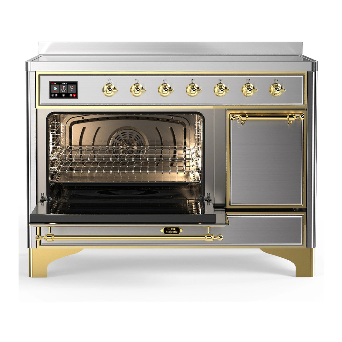 Stainless steel induction range with brass trim, main oven door open and control panel