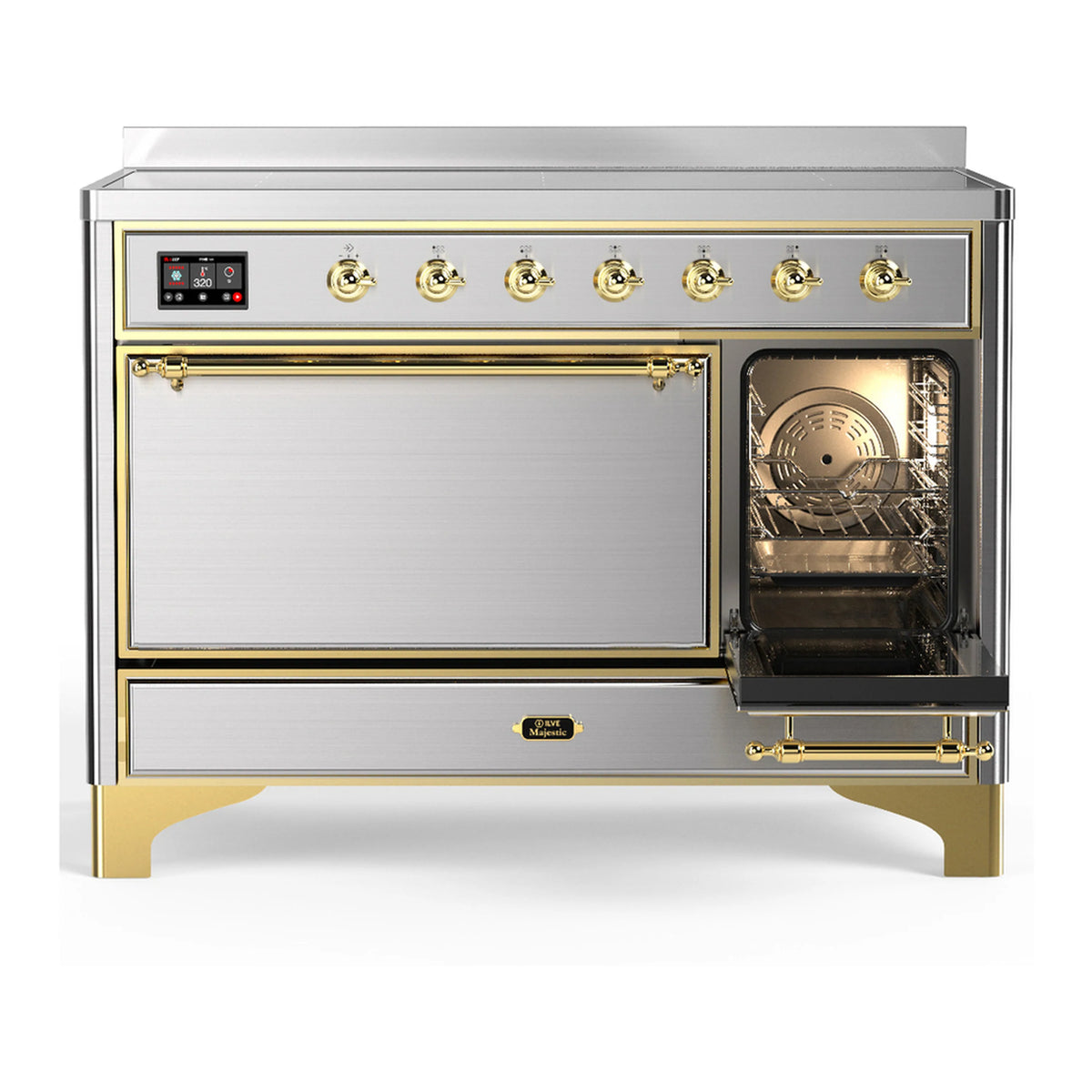 Stainless steel induction range with brass trim, oven door open and racks visible