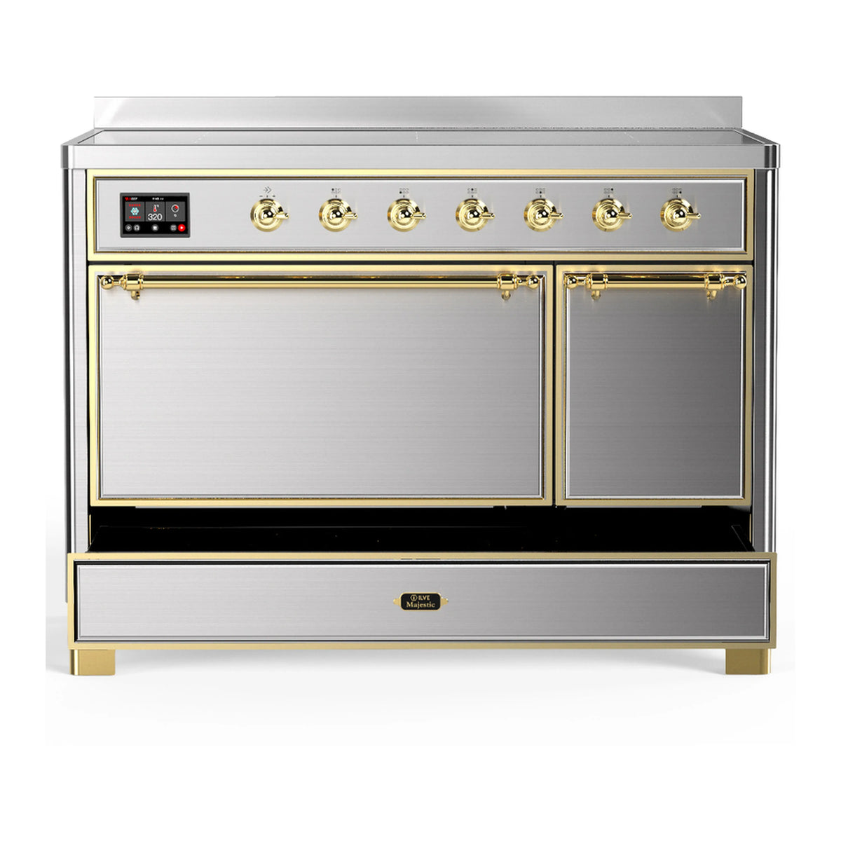 Stainless steel induction range with brass trim and closed oven doors