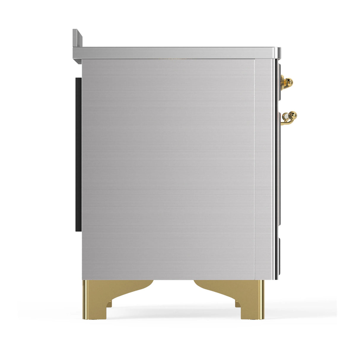 Stainless steel range side panel with brass base legs and handle hardware