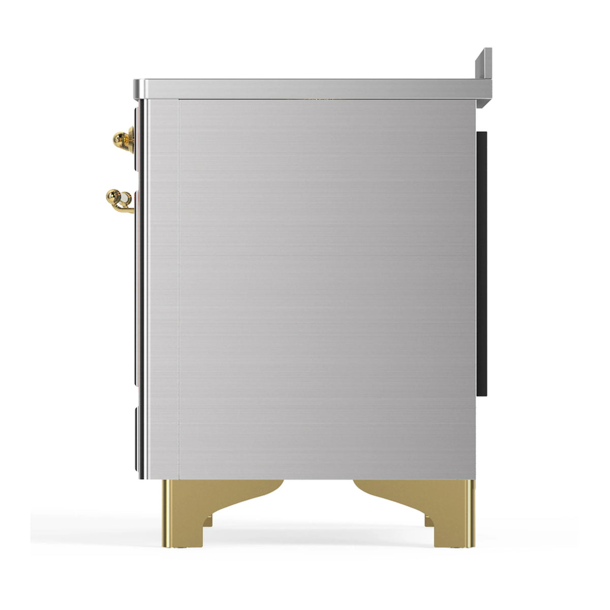 Stainless steel range rear panel with brass base legs and side access handle