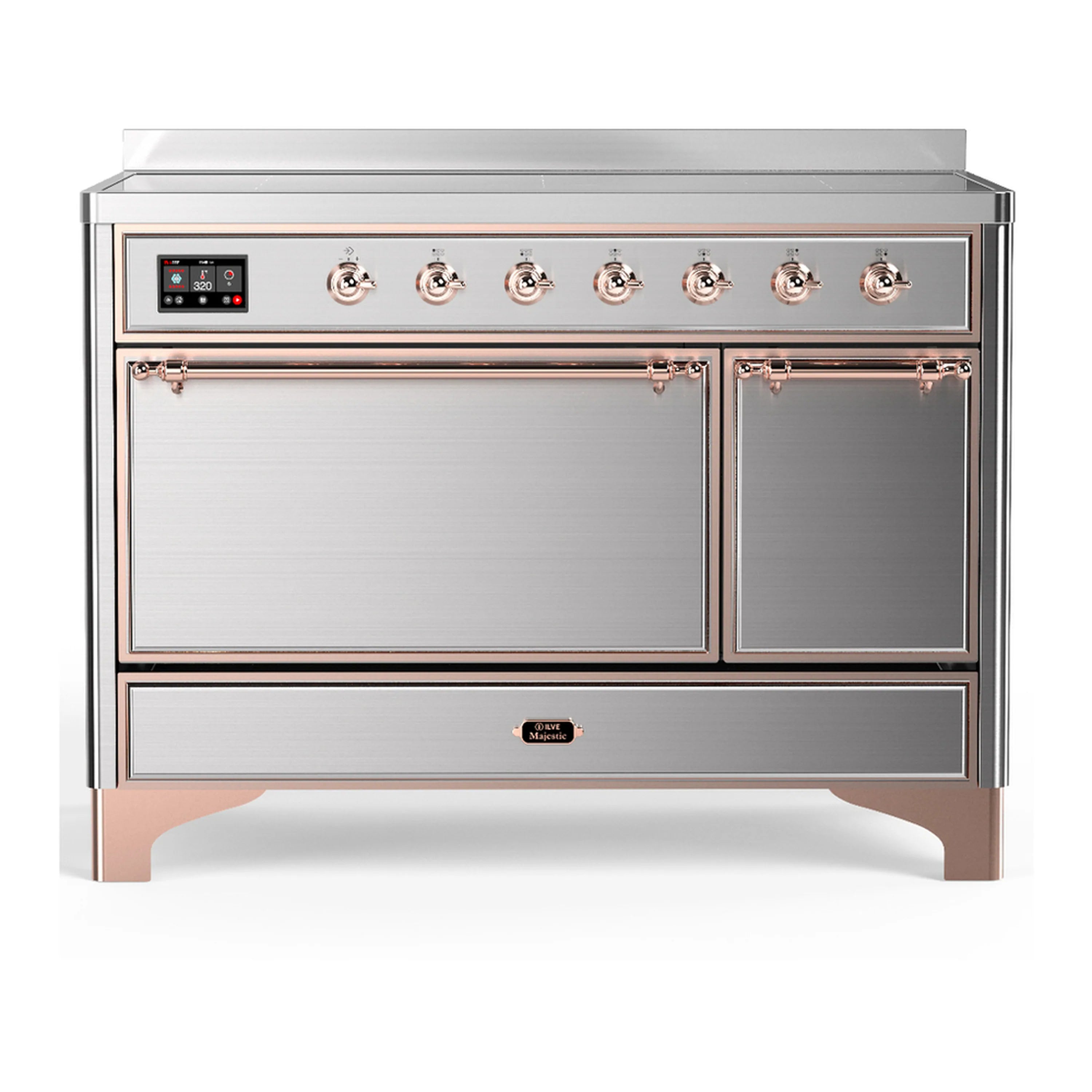 Stainless steel induction range with copper trim, two oven doors, and front control panel