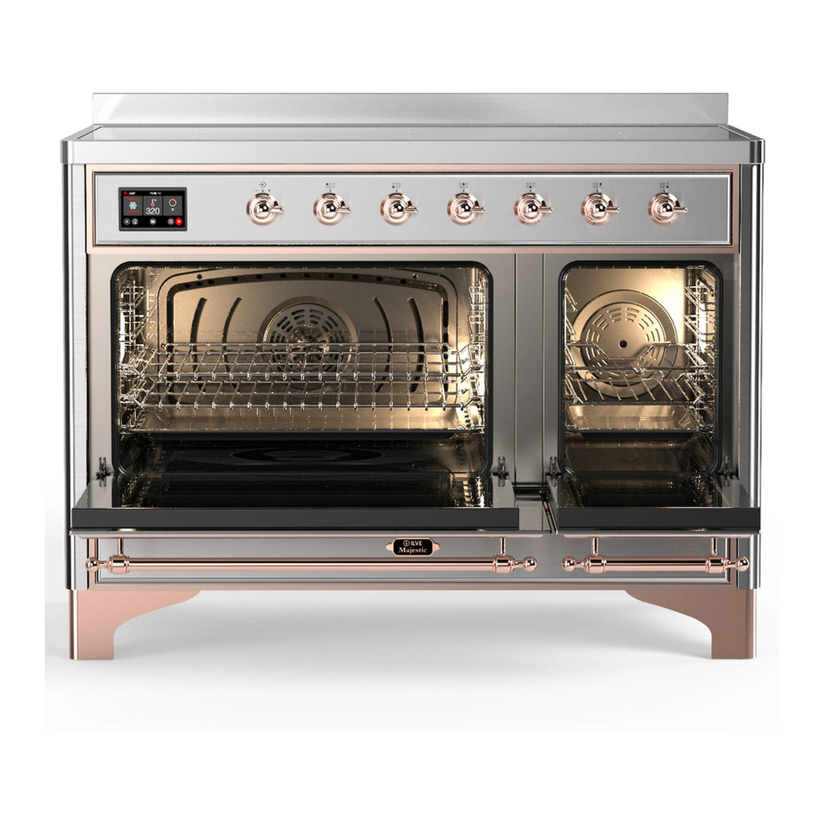 Stainless steel induction range with copper trim; open oven cavities with racks and fan