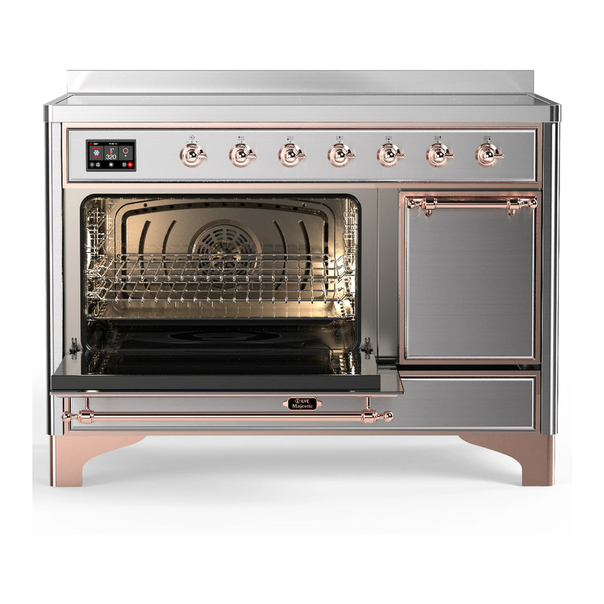 Stainless steel induction range with copper trim; open left oven door with baking racks