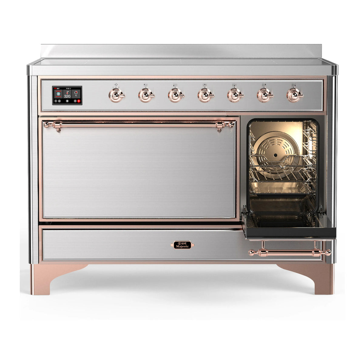 Stainless steel induction range with copper trim; right oven door open with fan and rack