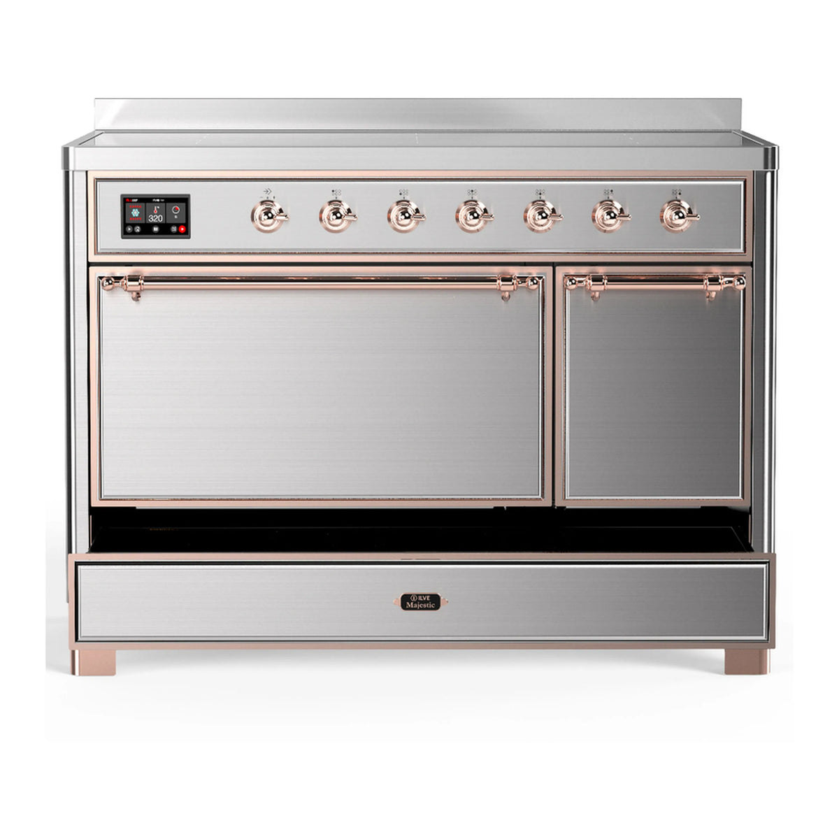 Stainless steel induction range with copper trim, cooktop controls, and two oven doors