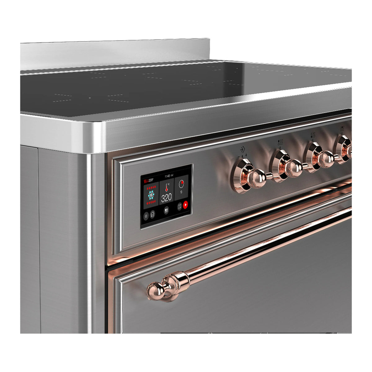 Stainless steel induction range control panel with copper knobs and illuminated display