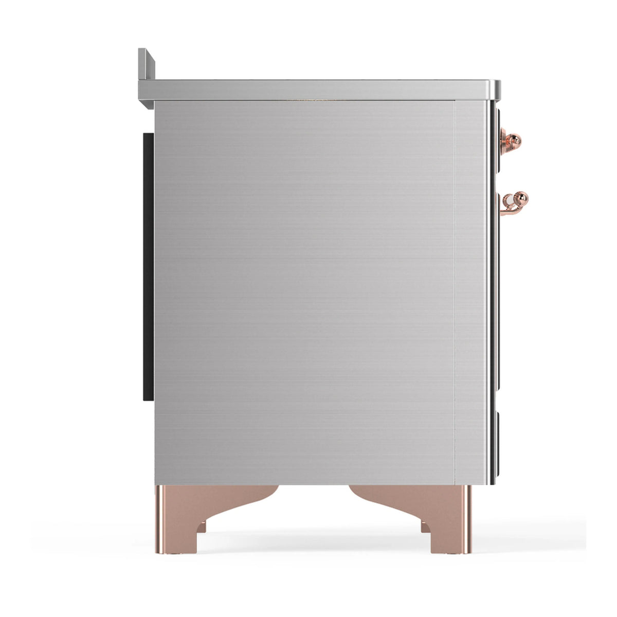 Stainless steel induction range side view with copper-trim base and recessed side panel