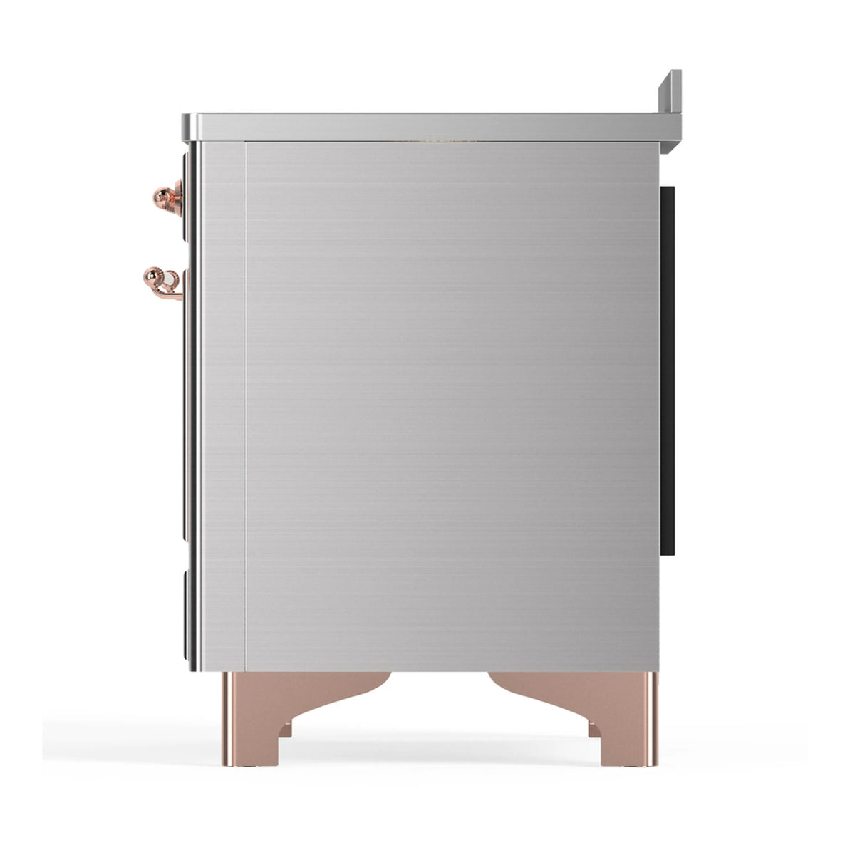 Stainless steel induction range rear side view with copper-trim base support