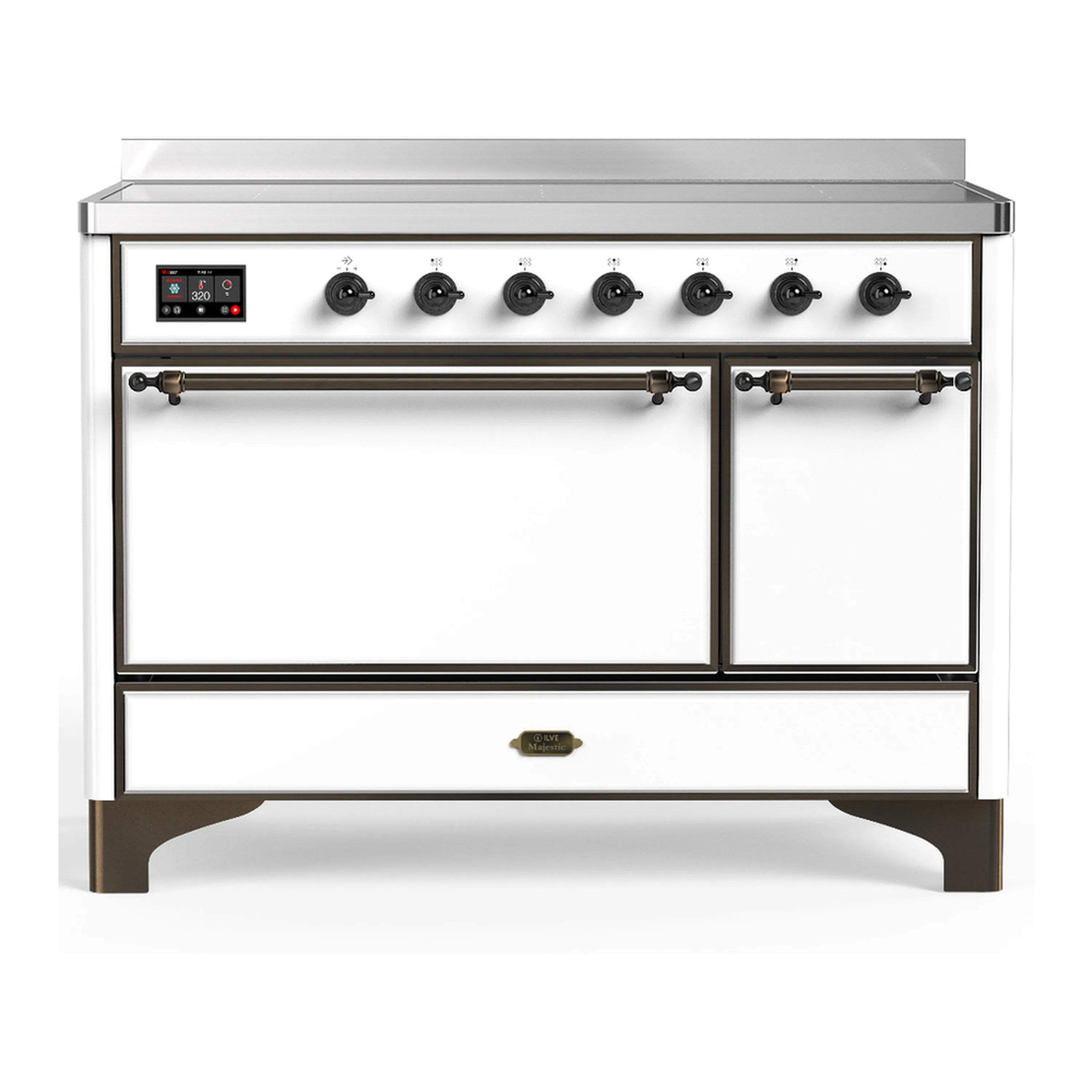 White induction range with 6 cooktop elements, double oven doors, burnished trim