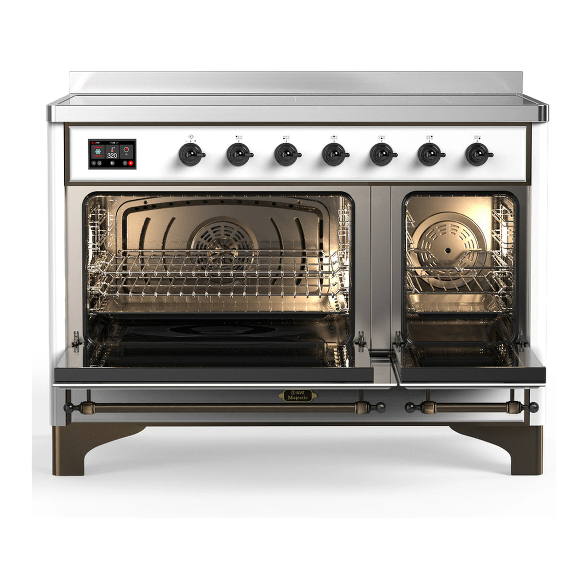 White induction range with induction cooktop; oven door open showing interior racks