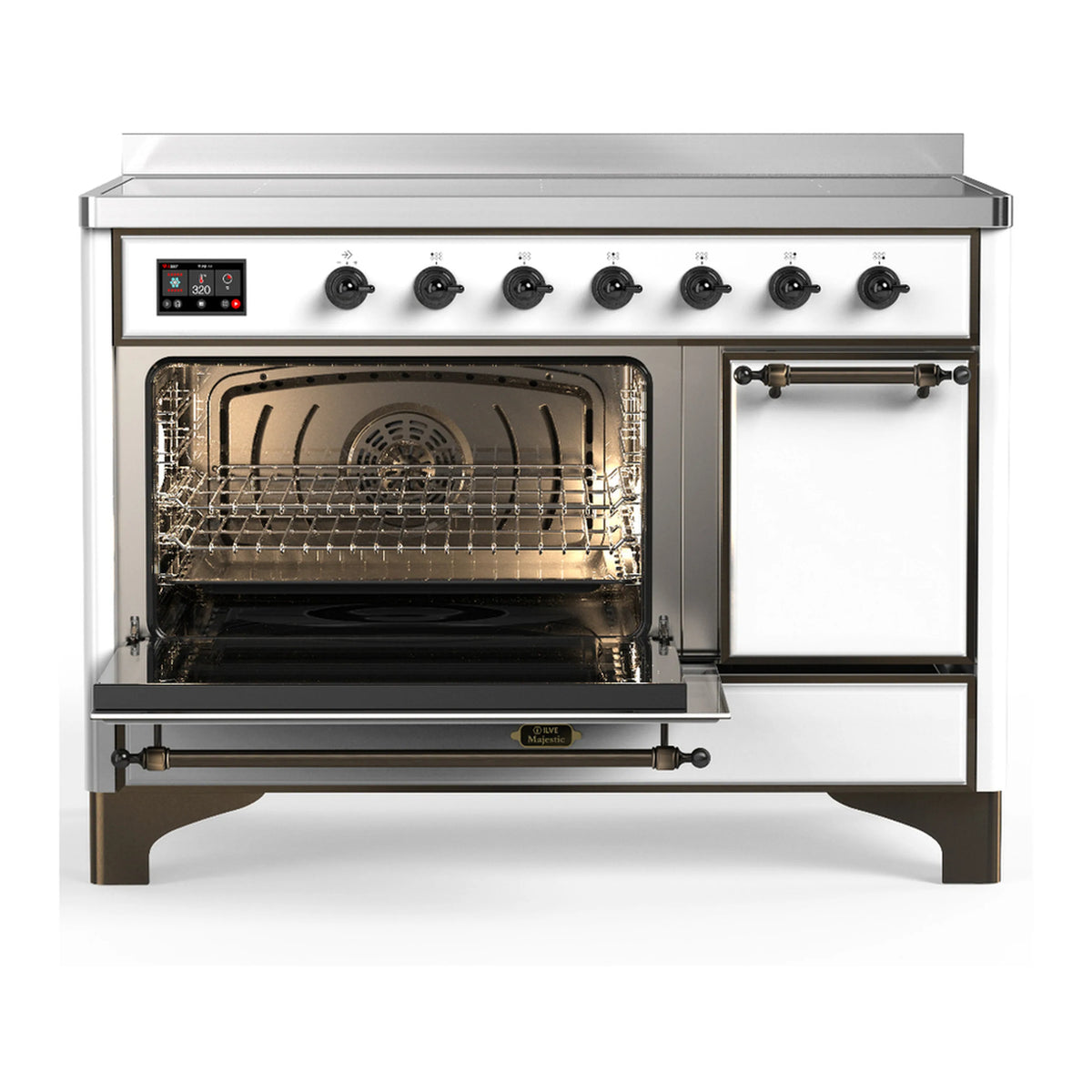 White induction range with open oven door and induction cooktop knobs across the top