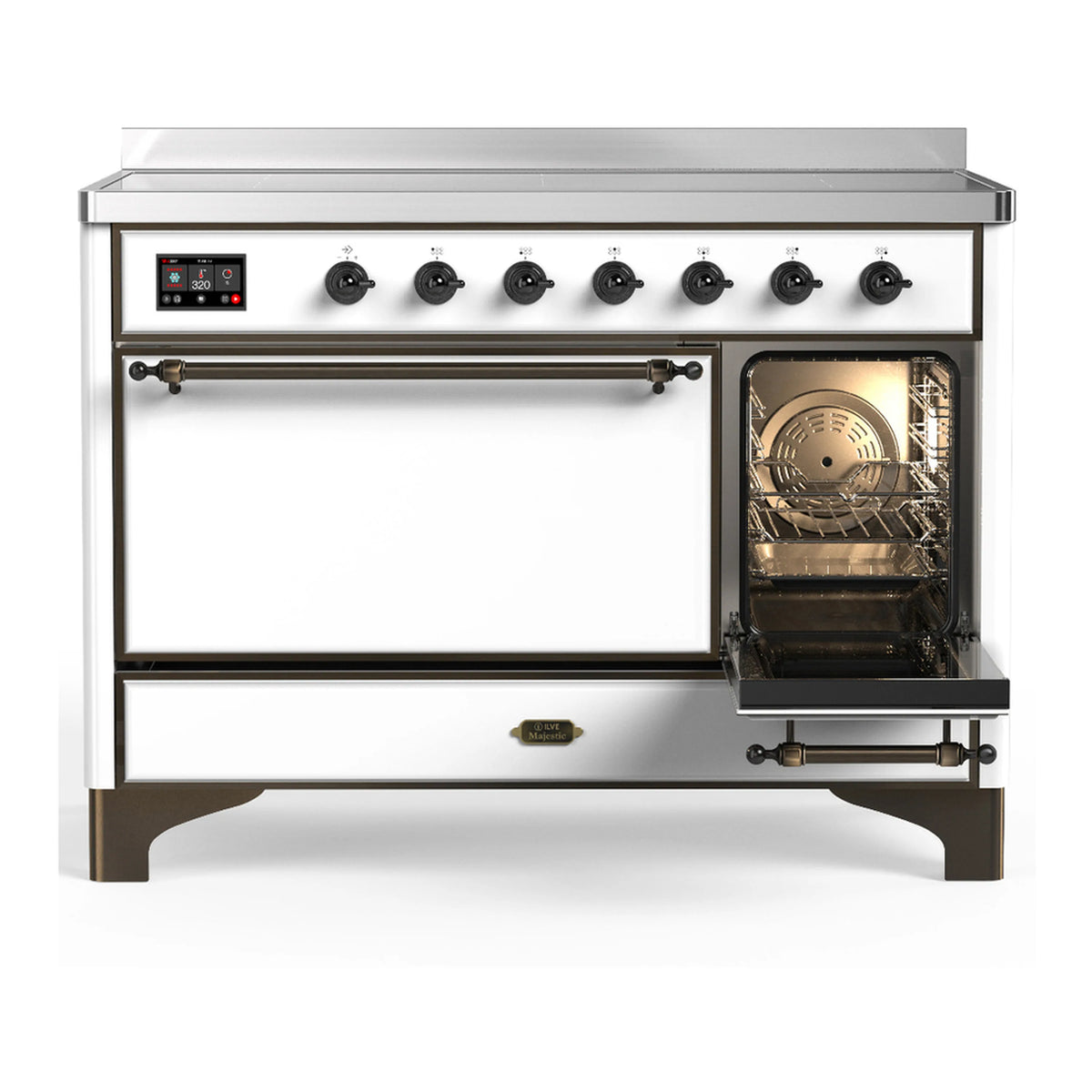 White induction range with open oven door, cooktop knobs, and control panel display