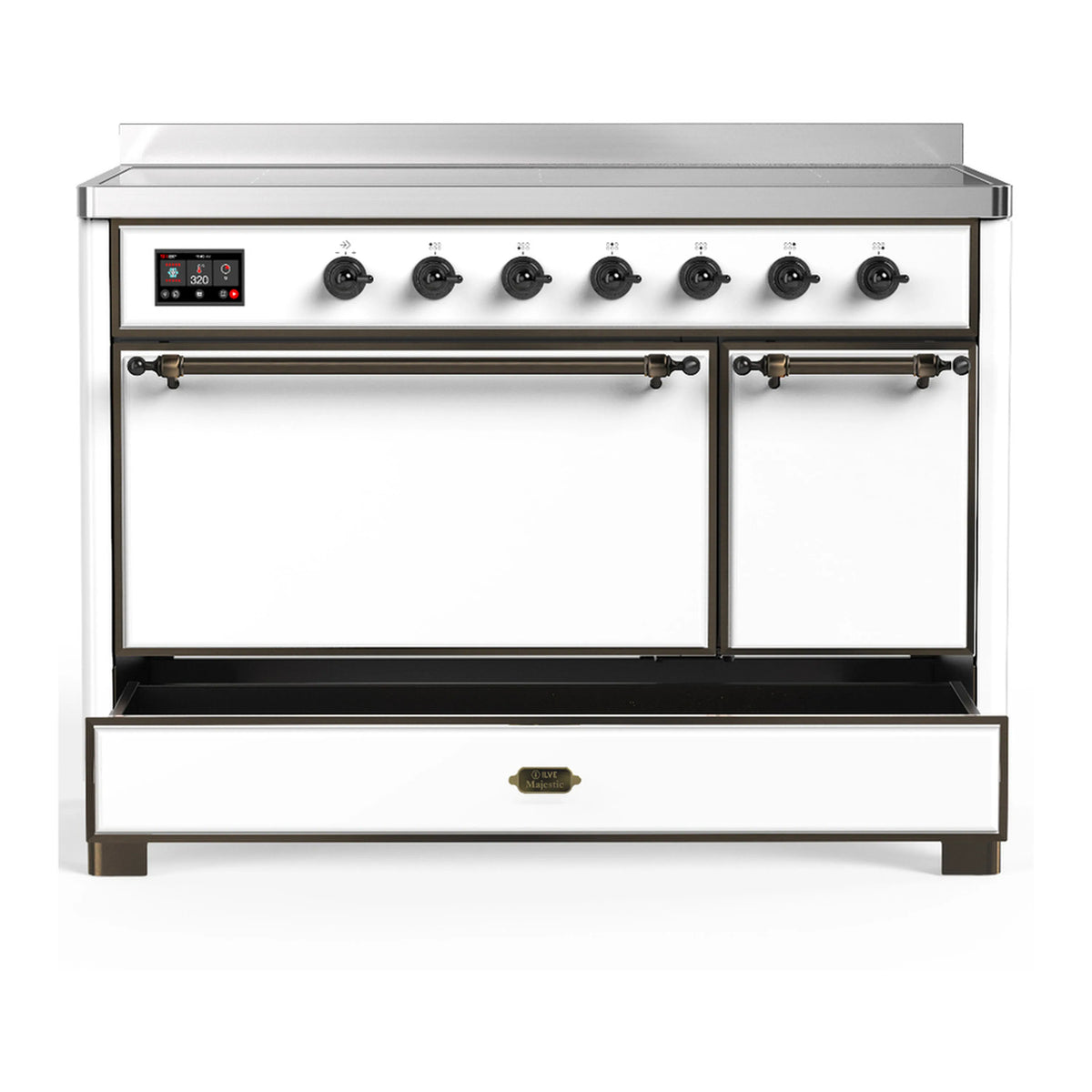 White induction range with closed oven doors and induction cooktop knobs and display