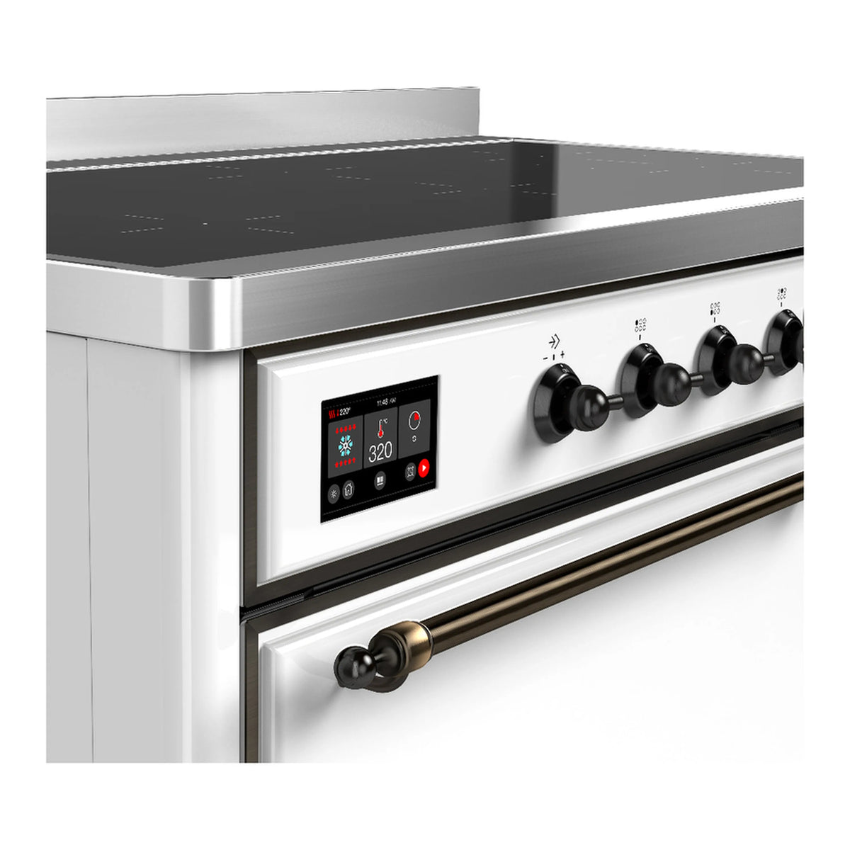 Induction range control panel with digital display and row of black control knobs